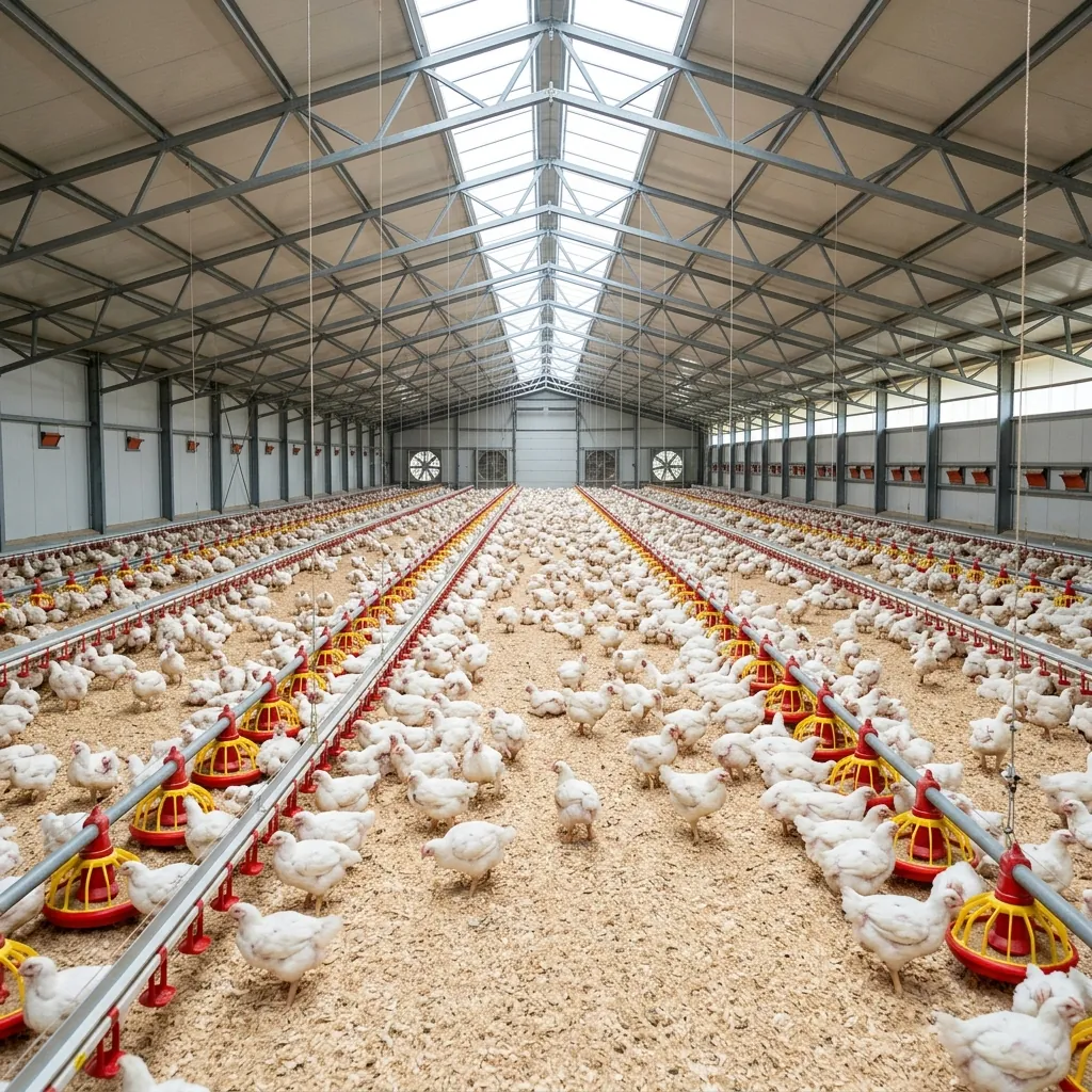 Galpón moderno de pollos de de engorde con equipos automatizados