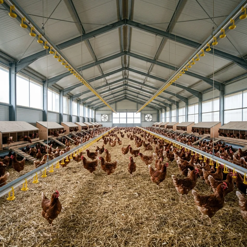 Granja de gallinas ponedoras al piso con nidales automáticos